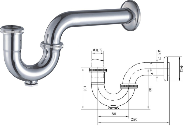 Luxury Brass Chrome Plated Polish Bathroom Drain Trap Siphon P Trapp